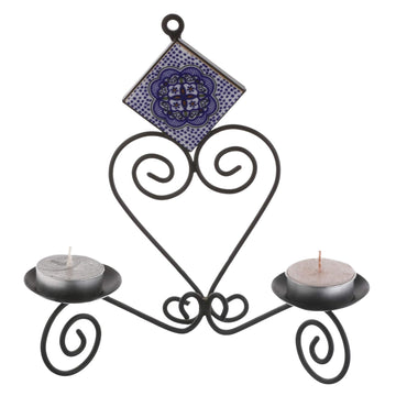 metier black iron candle holder with floral tile