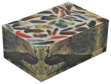 A wooden storage box with a multicolor epoxy finish featuring patterns and designs.