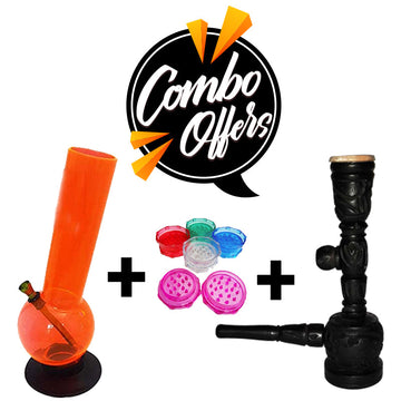 Moksha Combo Deal! 12" Single Bulb Acrylic Bong, 5" Wooden Pipe & 3" Shark Teeth Acrylic Grinder (gra207) Moksha Bongs