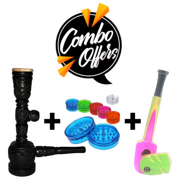 Moksha wooden pipe combo with 4.5 inch multicolor pipe, 5 inch black 3-in-1 pipe and 2 inch acrylic grinder