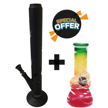 Moksha Combo Deal! 18" Frosted Glass Ice Bong & 5" Mini Glass Bong (Black & Red) Moksha Bongs