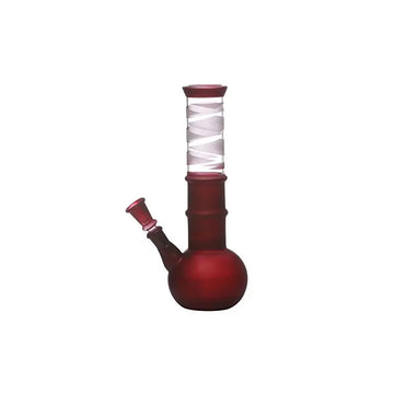 A 10 inch tall red glass bong hookah pipe with a transparent gloss finish and a white spiral design on the upper part.