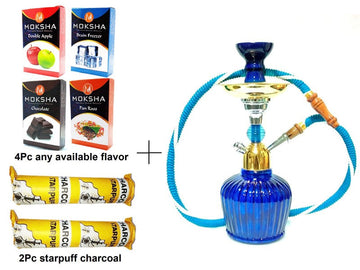 Moksha Nicotine-Free Hookah Set: 4 Flavors, Charcoal (2 Rolls), 12" Glass Hookah (Blue & Gold) Moksha Bongs