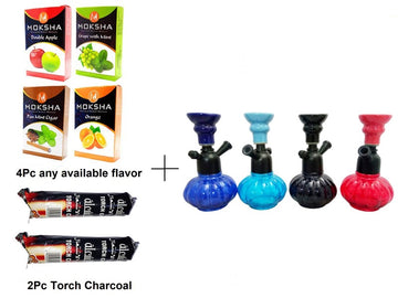 The image shows a set for hookah smoking which includes various components such as a glass hookah with a metal ash catcher and a ceramic bowl, along with packets of Moksha herbal hookah flavors, charcoal rolls, and torch charcoal.