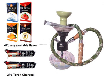 Moksha Nicotine-Free Hookah Set: 4 Flavors, Charcoal (2 Rolls), 9" Glass Hookah (Green) with Ash Catcher & Ceramic Bowl Moksha Bongs