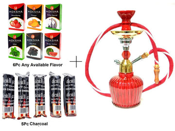 Moksha 12 inch red and gold glass hookah with 6 herbal flavors and 5 charcoal rolls