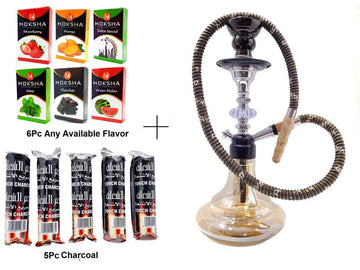 FLAP9 Herbal Hookah Set – 14 Inch Black Glass Hookah, 6 Flavors, 5 Rolls Charcoal Moksha Bongs