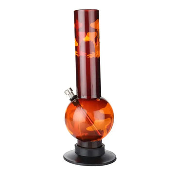 An orange and black acrylic bong with a mushroom design.