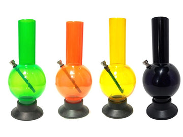 This image displays a collection of Moksha 12 inch acrylic large bulb smoking waterpipe bongs, available in a variety of vibrant colors. Each bong features a high gloss, premium finish, showcasing the durability and lightweight nature of the acrylic material.