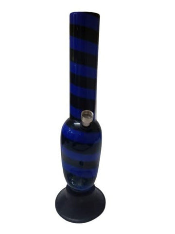 A 12 inch blue and black striped acrylic smoking hookah bong with a mango shape design and mango leaf embossing.