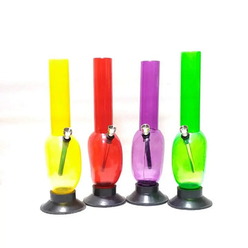 A set of four Moksha acrylic water pipes in assorted colors, including yellow, red, purple, and green.