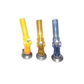 Three acrylic bongs in yellow, orange, and blue color, each with a silver base.