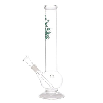 This image features a 12 inch glass water bong by Moksha, characterized by a clear, sleek design adorned with a subtle leaf print. The bong, which stands approximately 30 cm tall, includes a single bulbous base that provides a stable foundation.