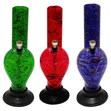 This image displays three Moksha 12" Alien Shaped Acrylic Water Bongs, each featuring a unique and striking design. The water bongs, crafted from durable and lightweight acrylic, mimic the appearance of glass but offer enhanced durability and resistance to fragility.