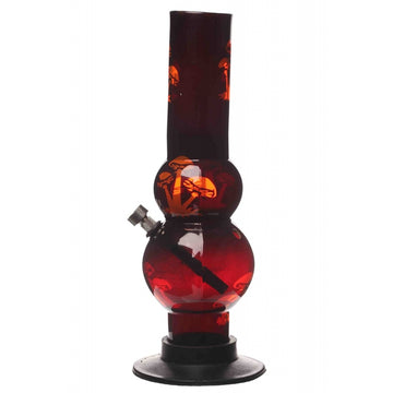A double bulb acrylic waterpipe bong with a mushroom print design, predominantly in orange color, with a high gloss finish.