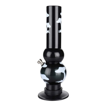 A black acrylic waterpipe bong with a white mushroom print design.