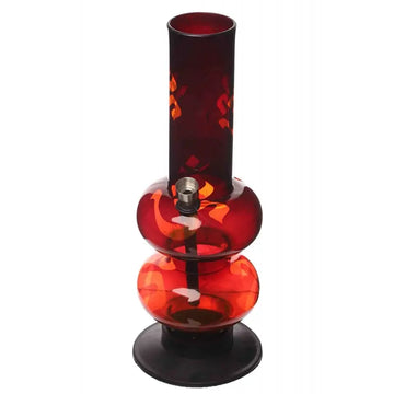 A 12 inch tall red and black double bubble om print acrylic bong designed for smoking.