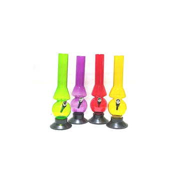 This image displays a collection of Moksha 12 inch single bulb acrylic ice bongs, available in assorted colors. These bongs, crafted from durable and lightweight acrylic that mimics the appearance of glass, offer both functionality and aesthetic appeal.