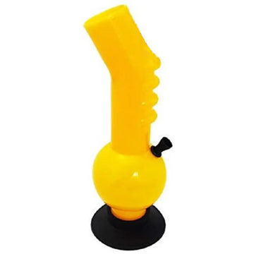 A yellow acrylic smoking bong with a single bulb gripper, on a black base, with a black lid on the top.