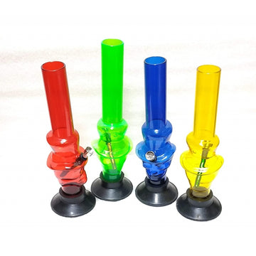 This image displays a collection of vibrant, 12-inch skull acrylic smoking bongs from Moksha. The bongs are presented in a variety of bright colors, including red, green, blue, and yellow, each featuring a high gloss premium finish that provides a sleek and durable surface.