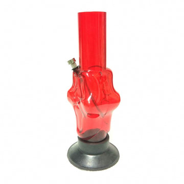 A transparent red acrylic waterpipe smoking bong with a skull face design on the body, standing upright on a solid black base.