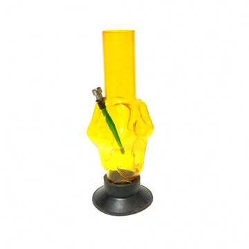 This image features a striking Moksha 12 inch skull face acrylic waterpipe smoking bong in a transparent yellow color. The bong, crafted from durable and lightweight acrylic that resembles glass, showcases a high gloss premium finish, demonstrating skilled workmanship and high-quality polish.