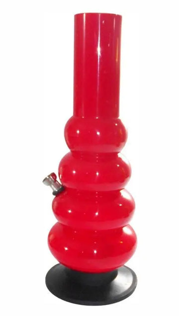 A 12-inch opaque red acrylic water pipe bong with multiple bulbous sections and a bowl attachment on top.