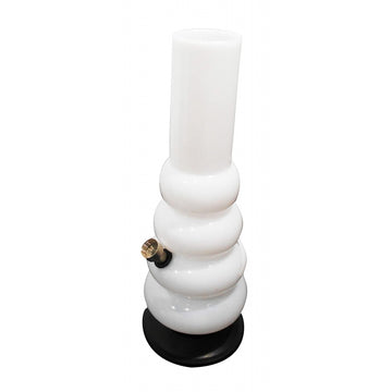A 12 inch tall opaque white acrylic waterpipe bong with multiple bulbous sections and a black base.