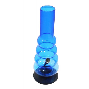 A 12 inch tall transparent blue acrylic waterpipe bong with multiple bulbous sections and a black base.