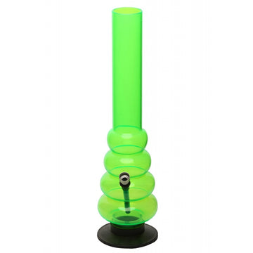 A 12 inch tall transparent green acrylic waterpipe bong with multiple bulbous sections and a circular base.