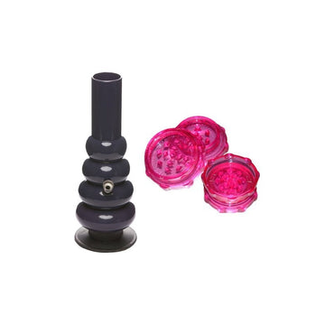 Moksha 12 inch tall acrylic bong (opaque black) with 2 inch 2 part shark teeth acrylic crusher grinder Moksha Bongs