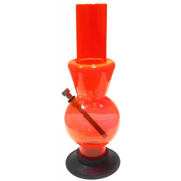 A transparent red acrylic ice water bong with a globe shape and a bowl attachment on top, standing upright on a black base.