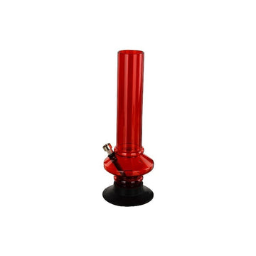 A 12 inch tall transparent red acrylic mini disc bulb water pipe bong with a black base.