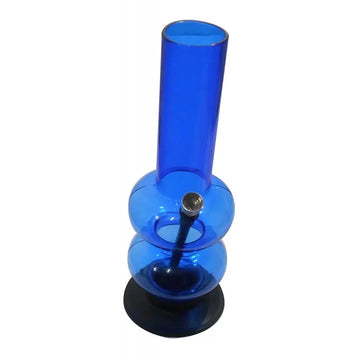 A transparent blue acrylic smoking water pipe bong with a base and a mouthpiece, standing upright.