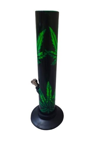 A black acrylic water bong with green leaf patterns.