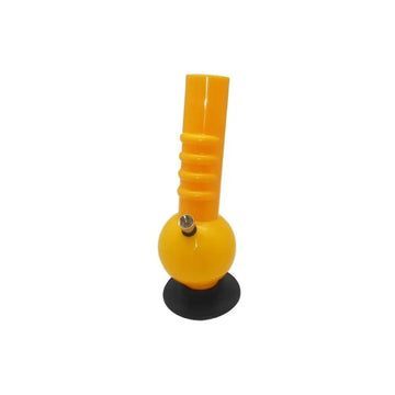 A 12 inch tall opaque yellow acrylic water bong with a base and a bend, displayed on a white background.