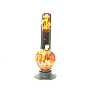 An orange and black acrylic water bong designed to resemble a mushroom.