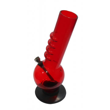 A 12 inch tall red acrylic water bong with a twisty design and a round base.
