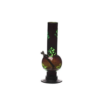 A 12 inch tall black and green acrylic bong with an om print design and a single bulb shape.