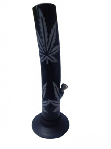 A 12 inch tall black and white leaf patterned acrylic ice bong.