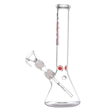 A 12 inch tall clear glass water pipe designed as an ice bong with boost print, featuring a bulbous base and a narrow neck, with red accents inside.