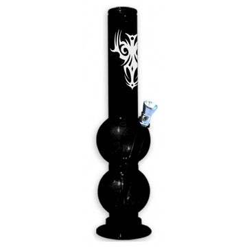 A 12 inch tall double bulb acrylic water bong in black color with a white tribal pattern and a small blue glass piece attached.