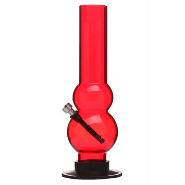 A 12 inch tall double bulb red acrylic water pipe bong with a bowl piece attached on top.
