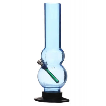 A sky blue acrylic water pipe bong with a double bulb design, including a green and silver accent, on a black base.