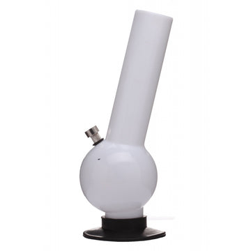 A 12 inch tall white large bulb acrylic water bong with a round base and a smaller base connected to it, set against a plain background.