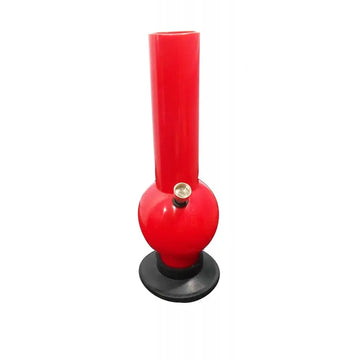 A 12 inch tall large bulb red acrylic waterpipe bong with a black base.