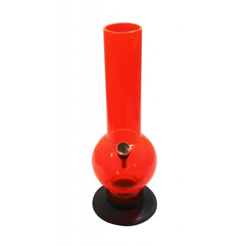 A 12 inch tall large bulb acrylic water pipe bong in transparent red color with a solid base.