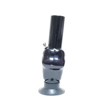 A 12 inch tall opaque black color skull face acrylic water bong.
