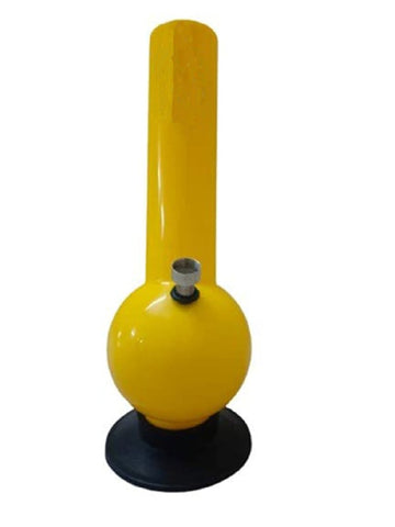 A yellow, 12-inch opaque bend acrylic water bong with a black base.