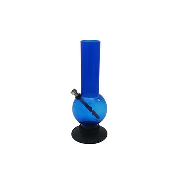 A 12 inch tall single bulb acrylic water bong in transparent blue color with a black base and a metal bowl.